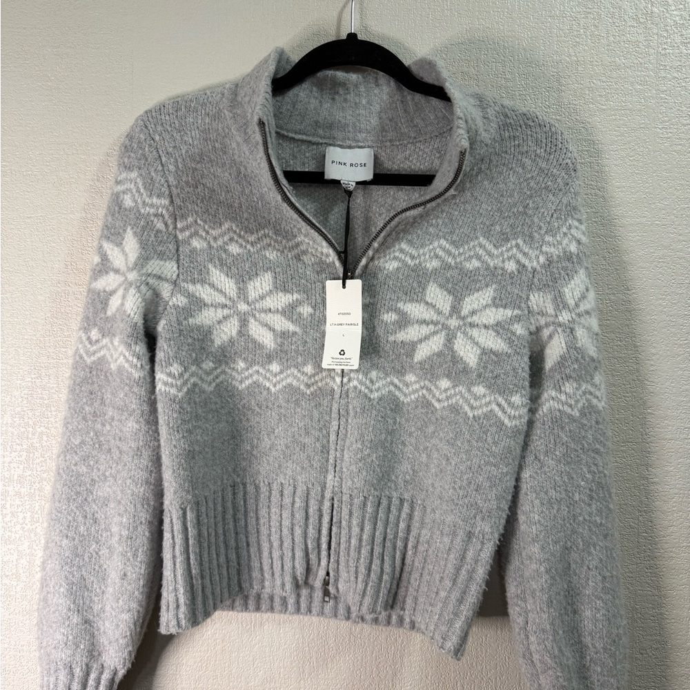 Pink Rose Women's Light Gray Cardigan with Snowflake Pattern